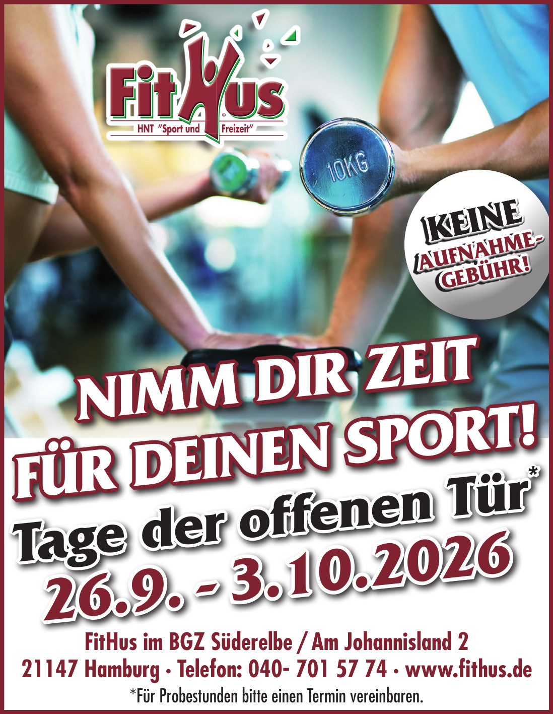 Ein Plakat für die Tage der offenen Tür im FitHus 2026.