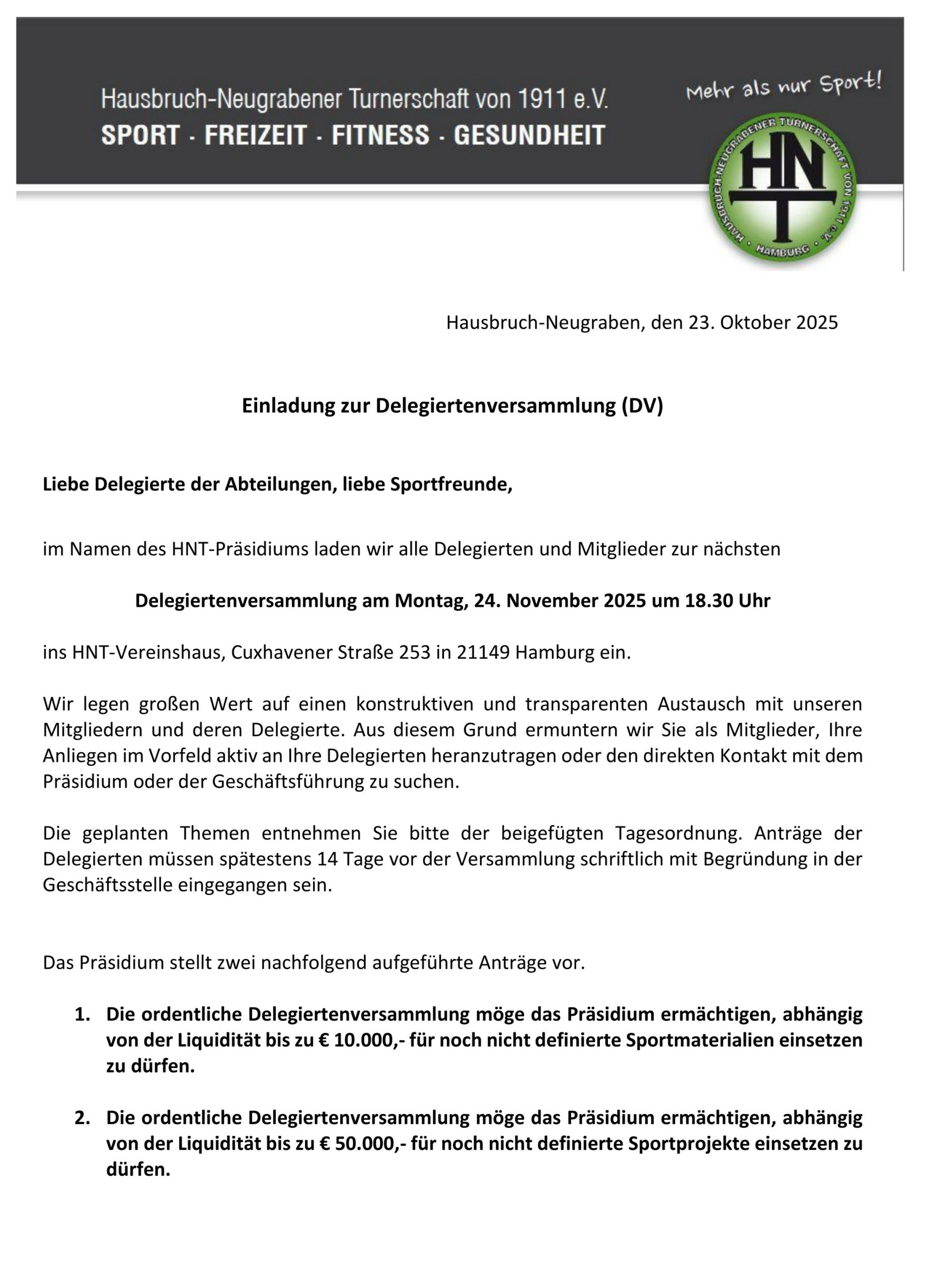 Die Einladung zur Delegiertenversammlung im Herbst 2025