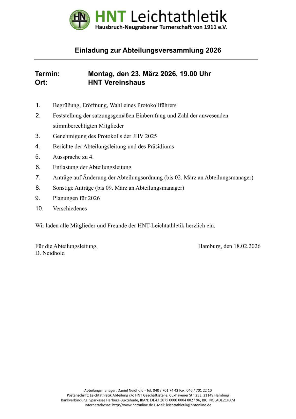 Ein Foto der Einladung zur Abteilungsversammlung Leichtathletik 2026.