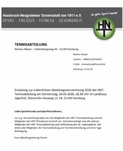 Ein Foto der Einladung zur Abteilungsversammlung Tennis 2026.