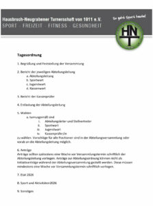 Ein Foto der Tagesordnung für die Abteilungsversammlung Tennis 2026.