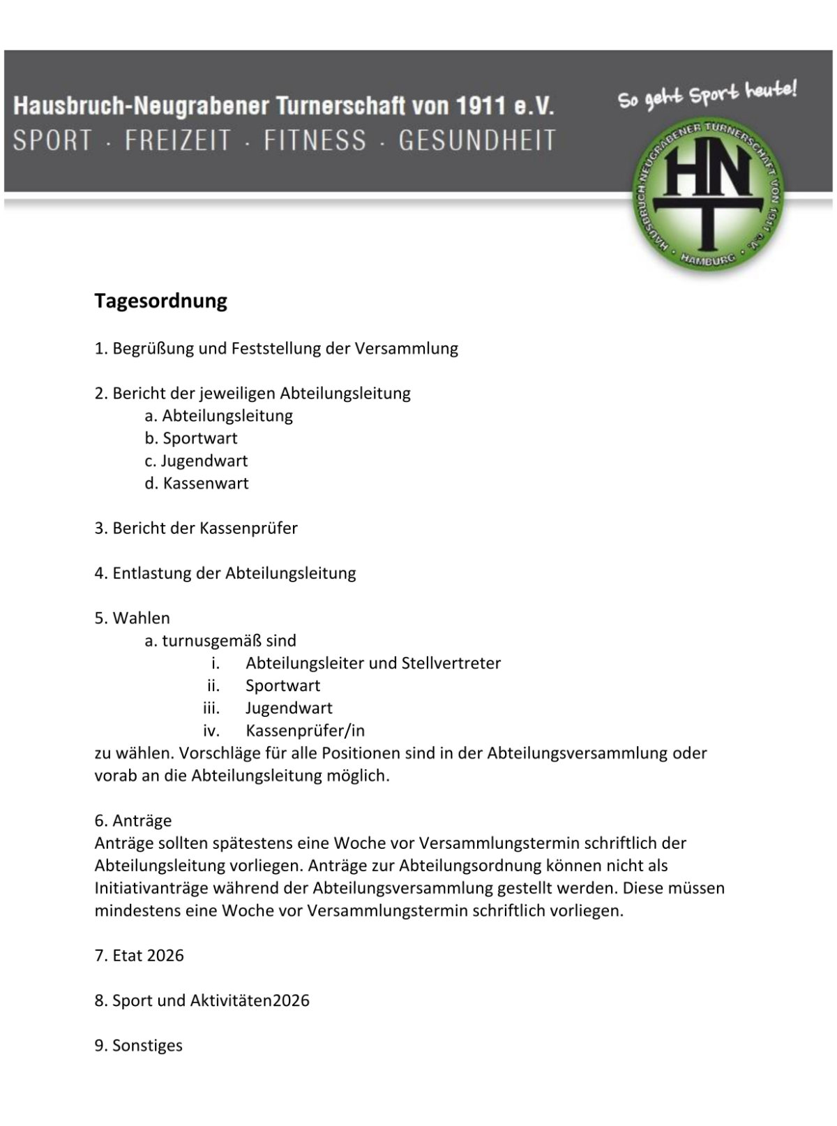 Ein Foto der Tagesordnung für die Abteilungsversammlung Tennis 2026.