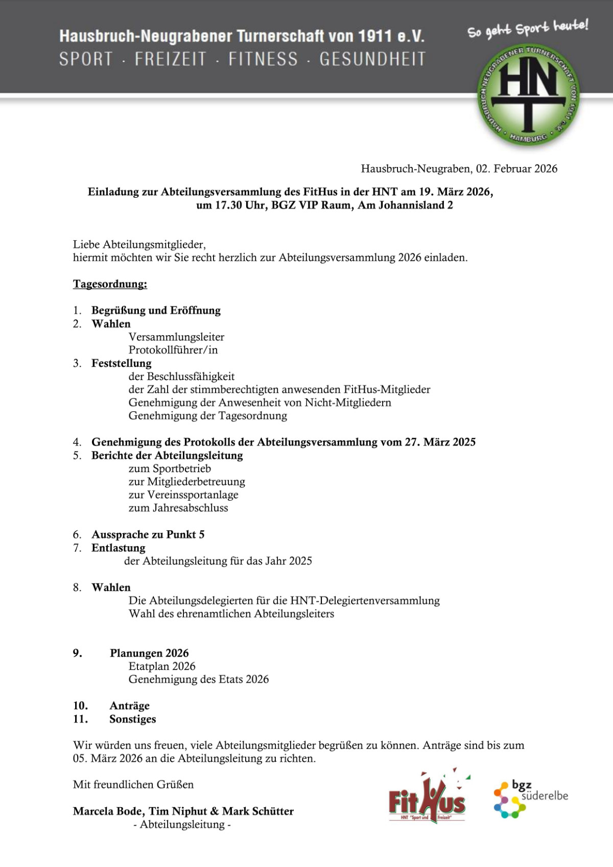 Ein Foto der Einladung zur Abteilungsversammlung des FitHus 2026.