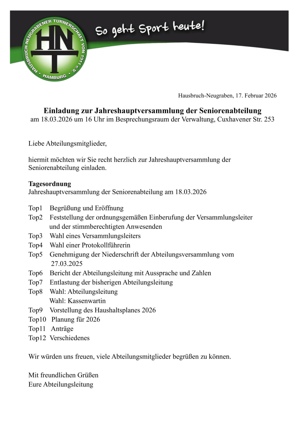 Ein Foto der Einladung zur Abteilungsversammlung Senioren 2026.