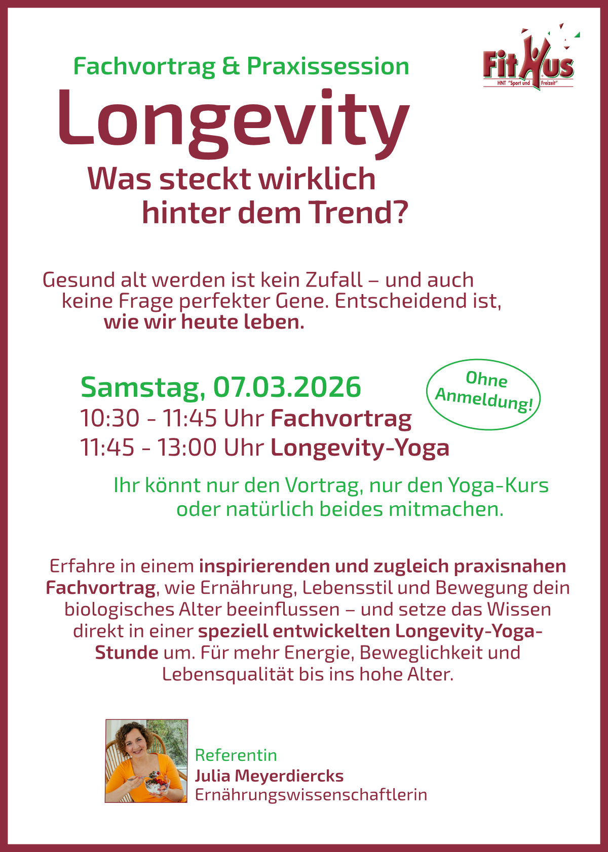 Ein Werbeplakat zum Longevity-Angebot im FitHus.
