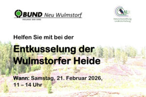 Ein Ausschnitt des Helferaufrufs für die Entkusselung der Wulmstorfer Heide mit den wichtigsten Daten sowie einem Bild der Heidelandschaft im Hintergrund.