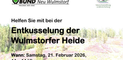 Ein Ausschnitt des Helferaufrufs für die Entkusselung der Wulmstorfer Heide mit den wichtigsten Daten sowie einem Bild der Heidelandschaft im Hintergrund.