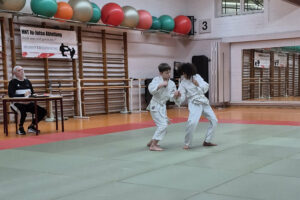 Ein Foto von zwei Prüflingen, die eine Übung auf der Matte zeigen; beide stehen dabei und halten sich gegenseitig fest.