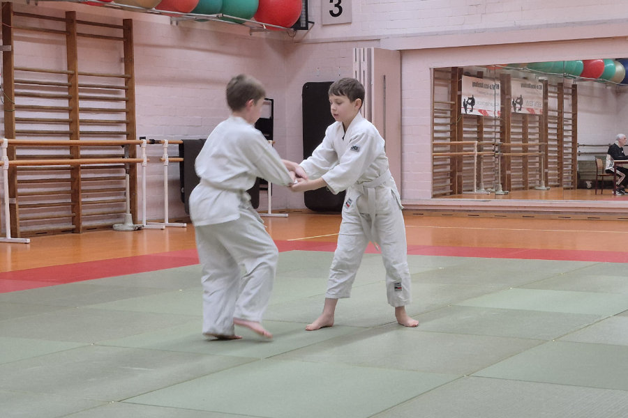 Ein Foto von zwei Prüflingen, die eine Übung auf der Matte zeigen; beide stehen sich dabei gegenüber und halten sich gegenseitig an den Armen fest.