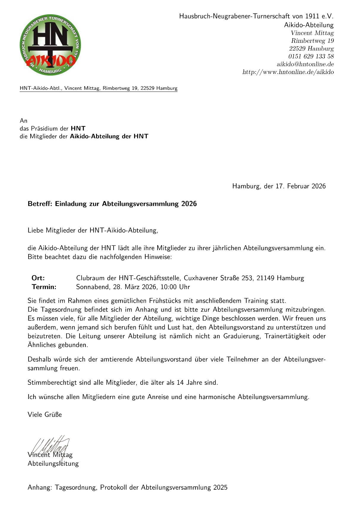 Ein Foto der Einladung zur Abteilungsversammlung Aikido 2026.