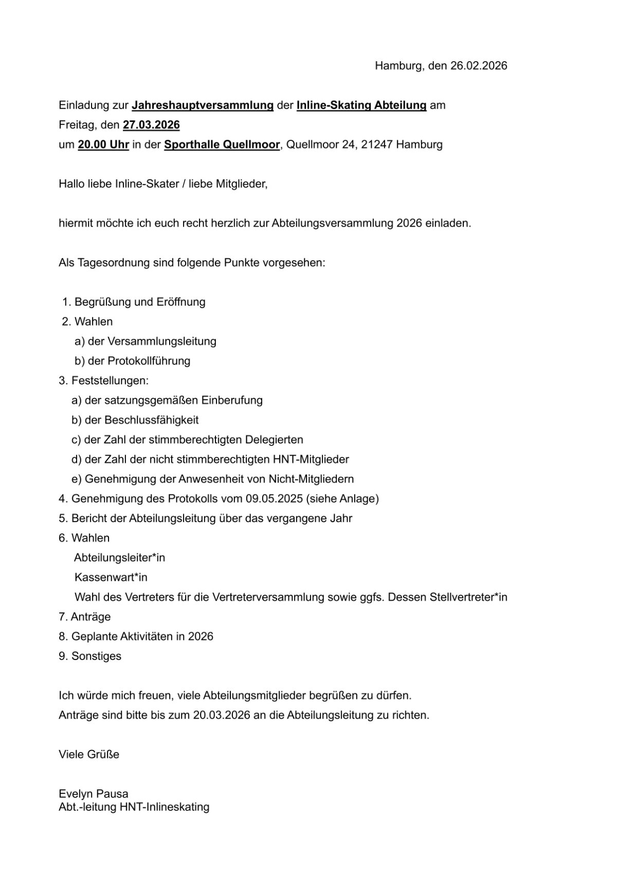 Ein Foto der Einladung zur Abteilungsversammlung Inline-Skating 2026.