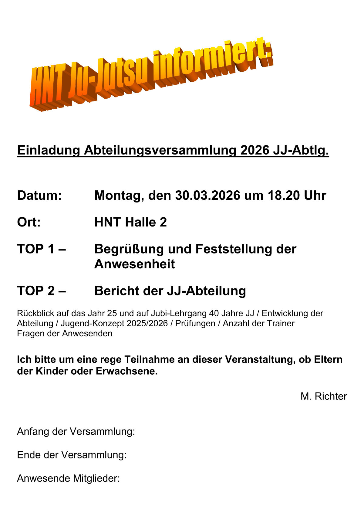 Ein Foto der Einladung zur Abteilungsversammlung Ju-Jutsu 2026.