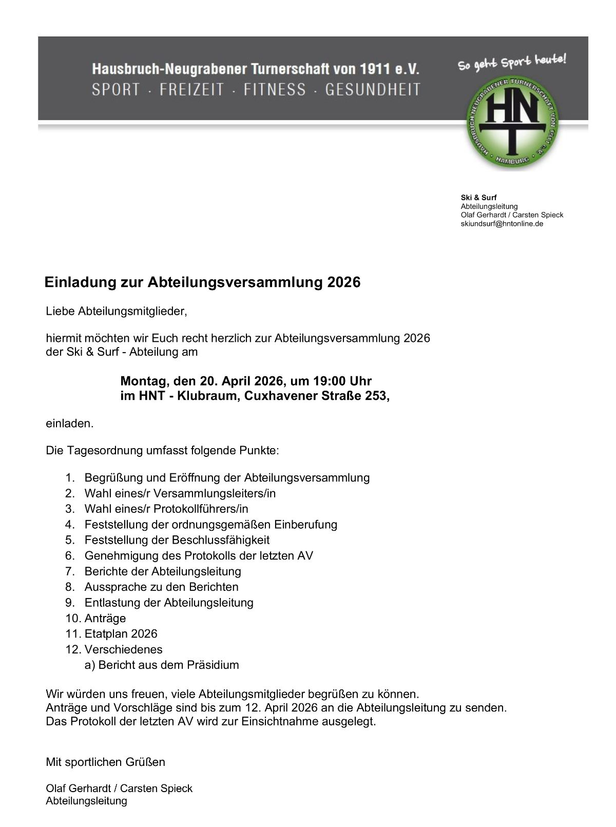 Ein Foto der Einladung zur Abteilungsversammlung Ski und Surf 2026.