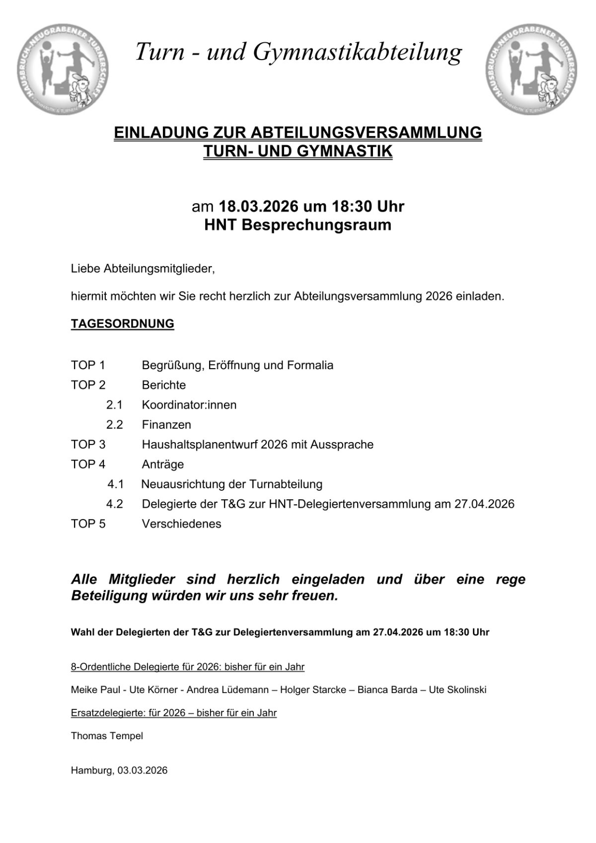 Ein Foto der Einladung zur Abteilungsversammlung Turnen 2026.
