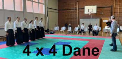 Ein Foto der Prüflinge, die in einer Reihe nebeneinander auf der Matte stehen und auf den Beginn der Prüfung warten.