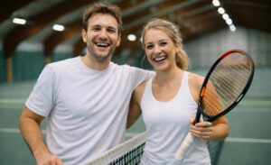 Ein mit KI erstelltes Foto von einem Tennisspieler und einer Tennisspielerin, die gemeinsam am Netz stehen, sich umarmen und freundlich lächeln.