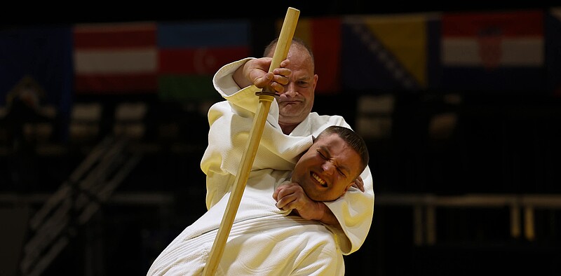 European Judo Championships Kata 2026 Ein Foto von Sönke und Johannes bei der Vorführung ihrer Kata.