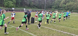 Ein Foto, auf dem die beiden Teams nebeneinander auf das Feld laufen.