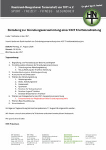 Ein Foto der Einladung zur Gründungsversammlung einer HNT Triathlonabteilung.