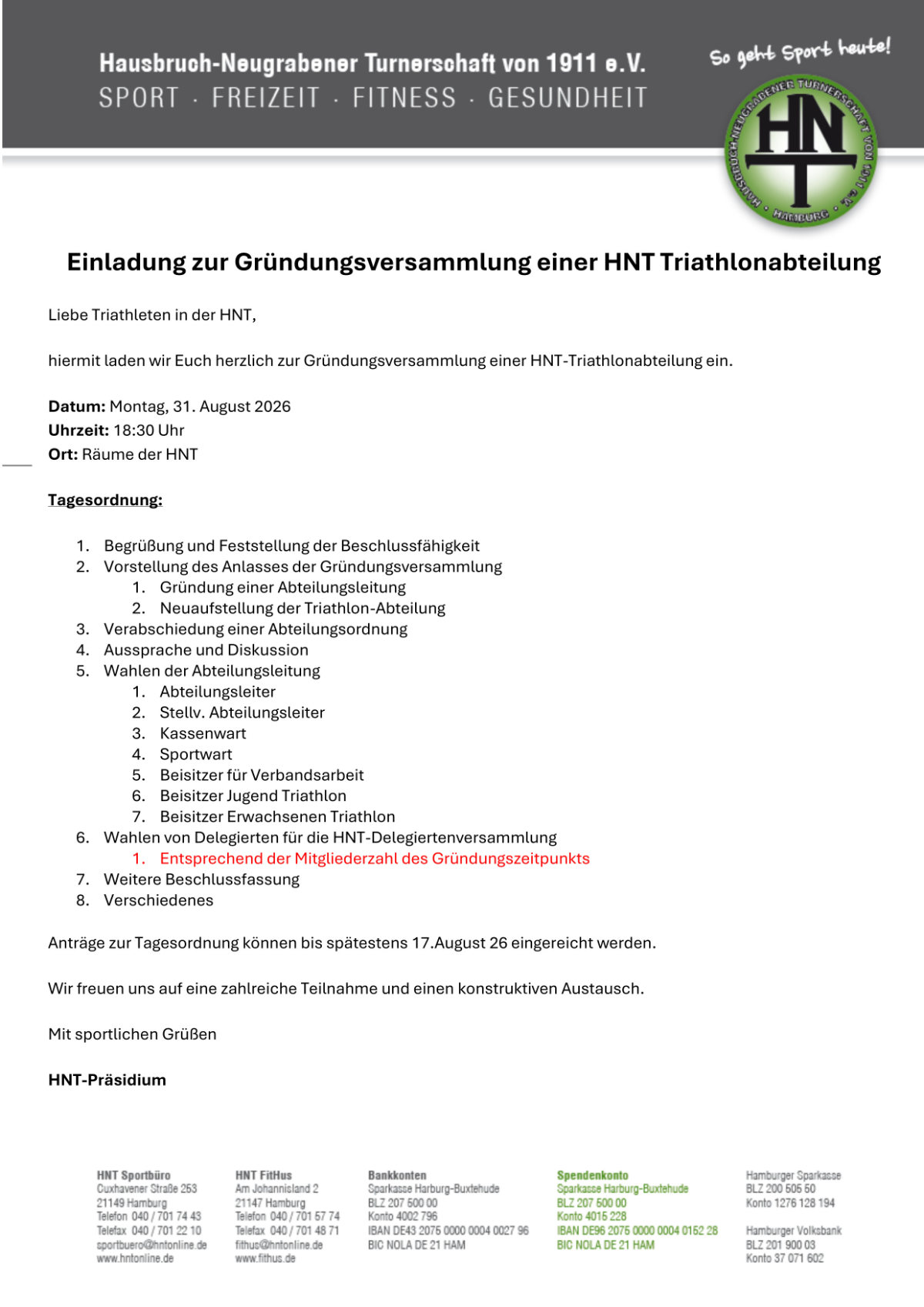 Ein Foto der Einladung zur Gründungsversammlung einer HNT Triathlonabteilung.