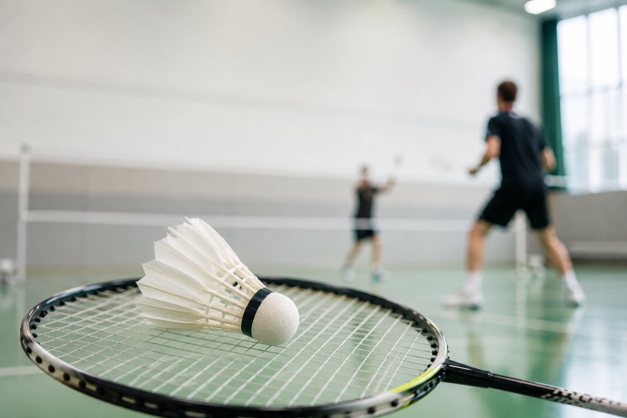 Ein Symbolfoto zum Thema Badminton, das einen Badmintonschläger und einen -ball im Vordergrund zeigt, dahinter unscharf zwei Badmintonspieler in Aktion.