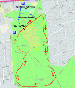 Eine Karte der Laufstrecke, die zusätzlich den Weg vom Sportplatz zur Strecke zeigt.