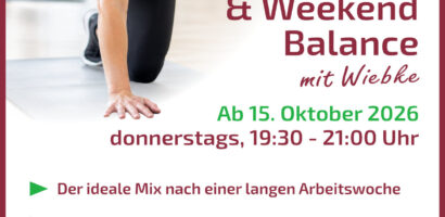 Ein Werbeplakat für den neuen FitHus-Kurs "After Work Flow and Weekend Balance".
