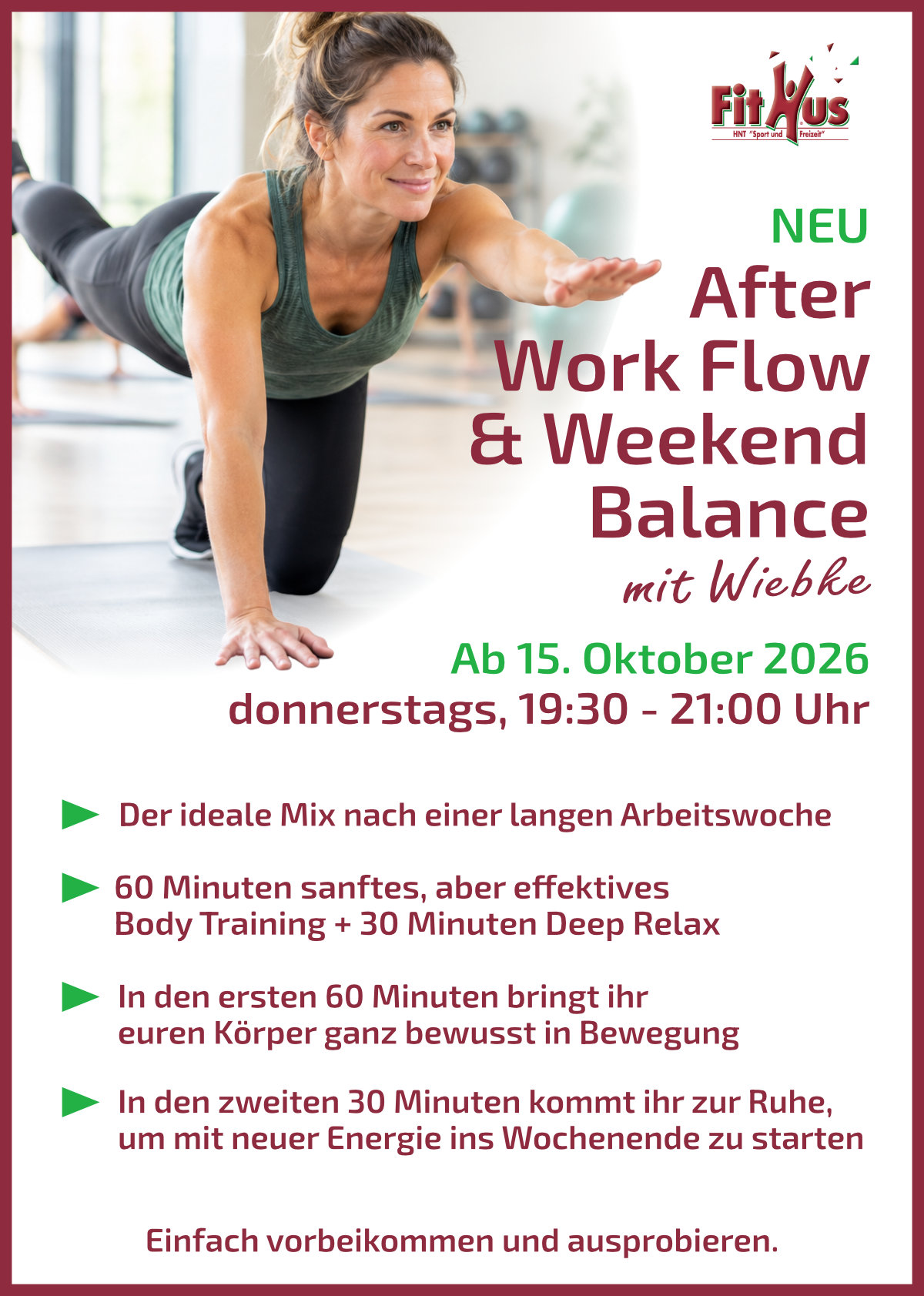 Ein Werbeplakat für den neuen FitHus-Kurs "After Work Flow and Weekend Balance".